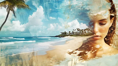 Composite seaside landscape merging with female portrait.