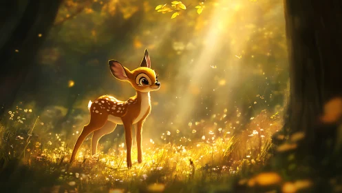 Young fawn in luminous forest glade under golden sunbeams.