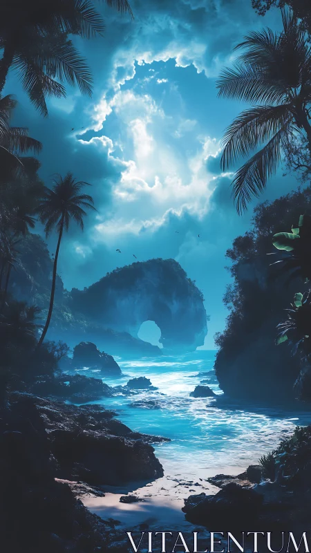 Tropical Cove Awakens Under Luminous Dawn Sky.