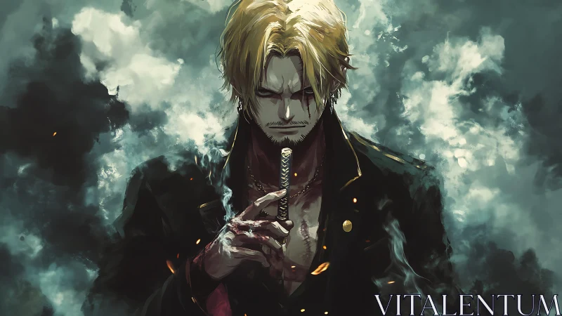 Stormlit swordsman in brooding anime noir atmosphere.