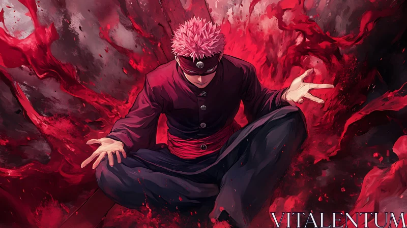 Crimson energy swirls as a calm warrior unlocks inner power