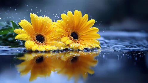 Two yellow gerbera daisies floating in water with rain droplets.