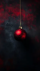 Minimalist red bauble on dark textured festive backdrop.
