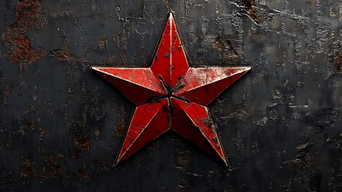 Weathered red metal star emblem on dark corroded plate.