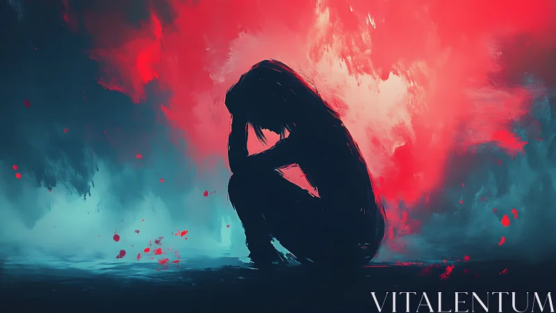 Silhouetted figure kneels in turbulent red and teal light