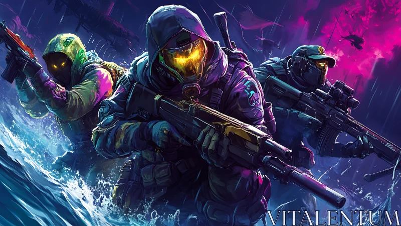 Neon tactical squad charging stormy cyberpunk shoreline.