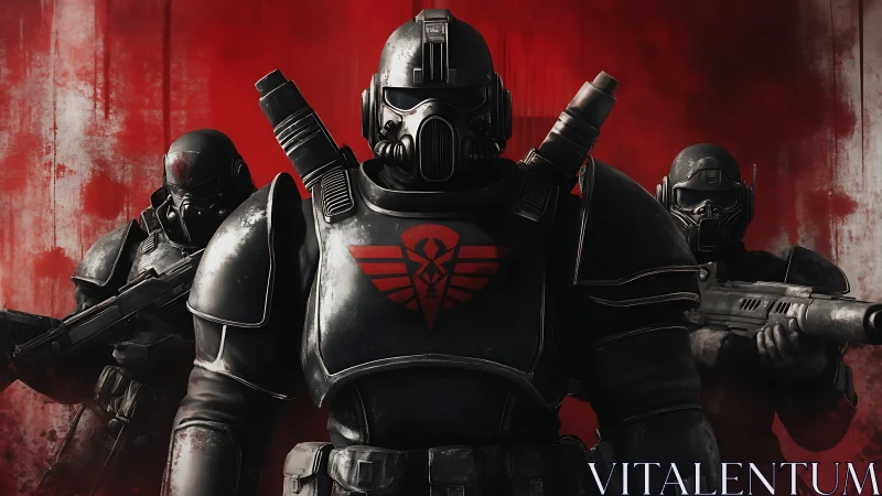 Armored shock troopers in black armor before red wall.