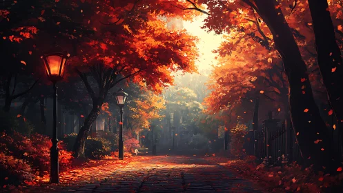 Autumn park path under glowing street lamps at dusk.