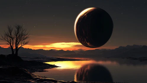 Eclipsed planet rises over alien lake at fiery twilight
