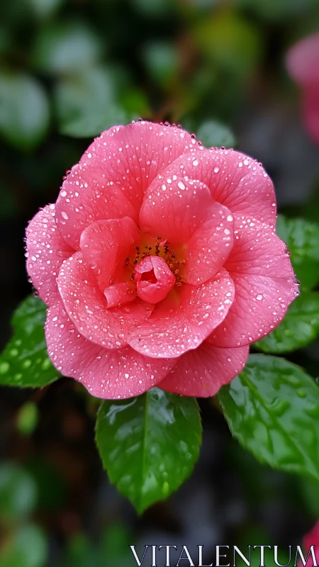Pink Camellia Bloom Covered with Morning Dew Droplets