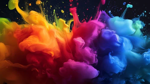 Vibrant ink clouds collide in swirling multicolor explosion