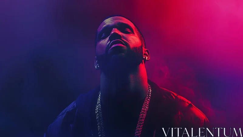 Male subject in low-key portrait under magenta-blue lighting