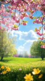 Cherry blossoms and meadow flowers frame a bright spring field