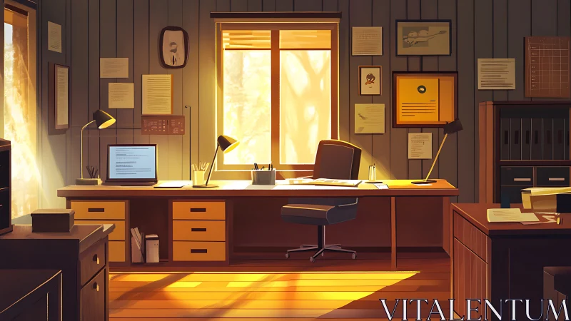 Sunlit writer’s studio glows with quiet, golden purpose.