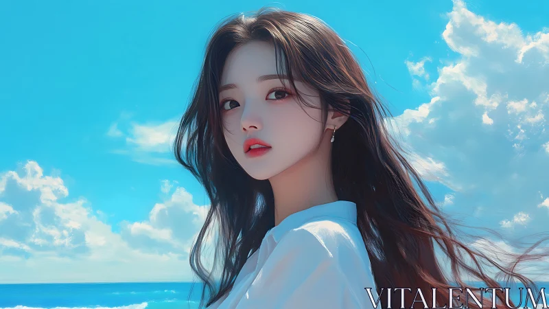 Dreamy seaside girl under a bright blue summer sky.