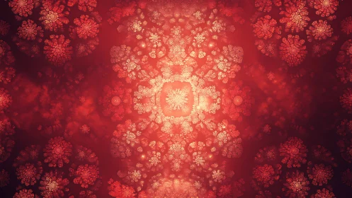 Radially symmetric red fractal bloom with recursive clusters.