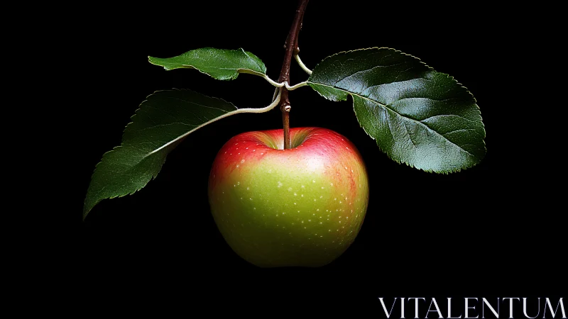 Ripe bicolor apple with glossy leaves on pure black background.