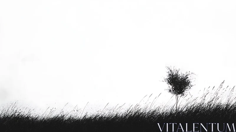 Solitary tree on windswept hillside in stark monochrome.