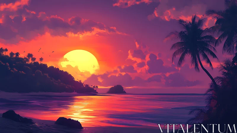 Tropical shoreline sunset with saturated magenta sky reflections.
