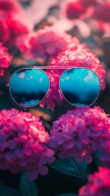 Mirrored aviator sunglasses amid neon pink hydrangeas.