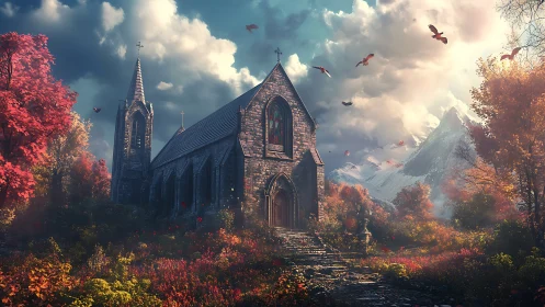 Gothic stone chapel amid autumn forest and alpine peaks