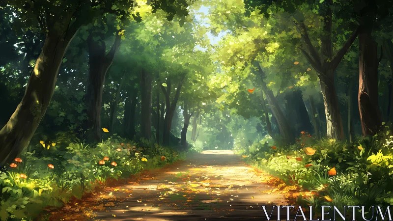 Sunlit Forest Path Through Ancient Trees