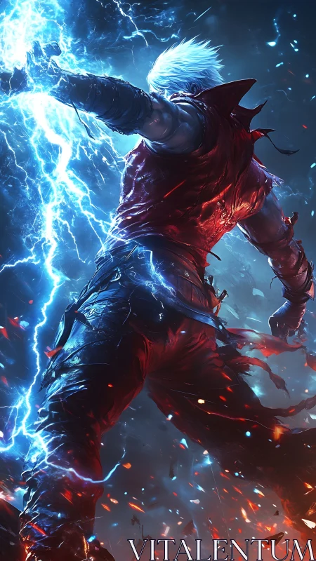 White haired warrior with electric energy in dynamic pose.