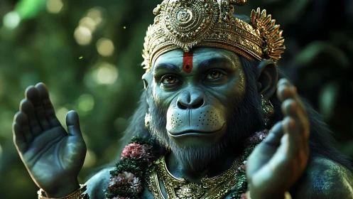Highly detailed 3D simian deity portrait with ornate gold crown