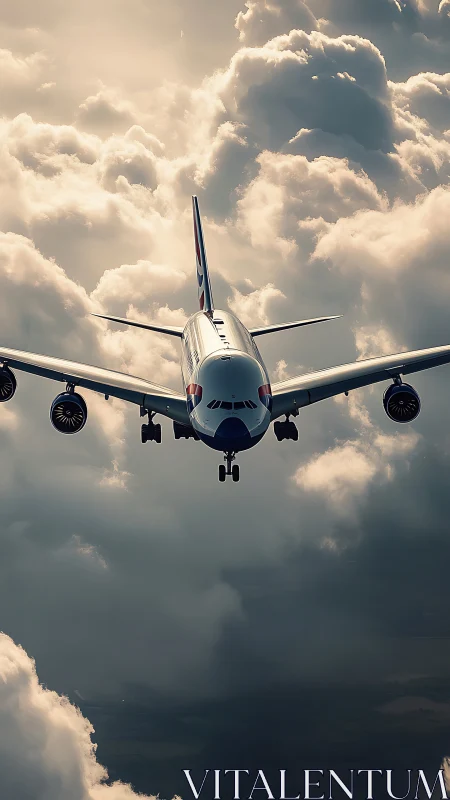 Sunlit passenger jet greeting soft golden afternoon clouds.