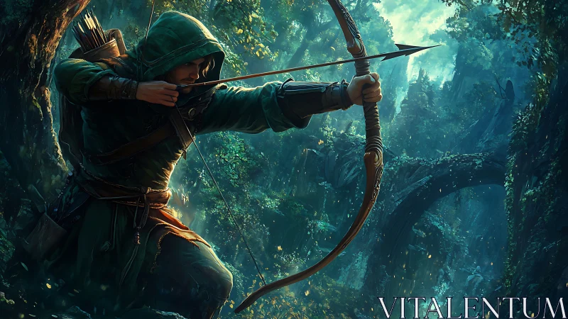Forest archer poised in emerald light, ready to protect all.