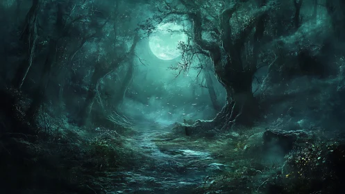 Moonlit fogbound forest path with twisted ancient trees at night