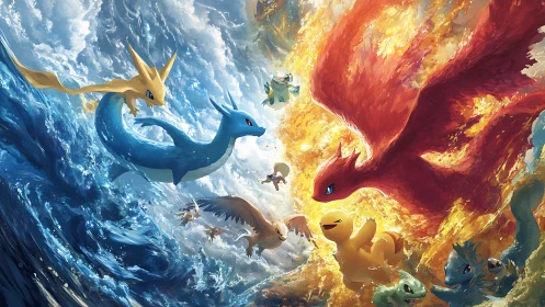 Elemental creatures collide in a swirling sky of fire and sea.