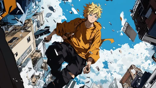 Dynamic anime figure traverses fragmented urban skyline