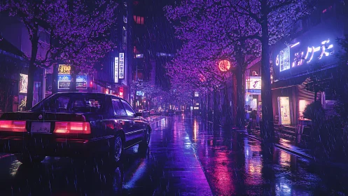 Neon rain drapes a quiet city street in violet reflections