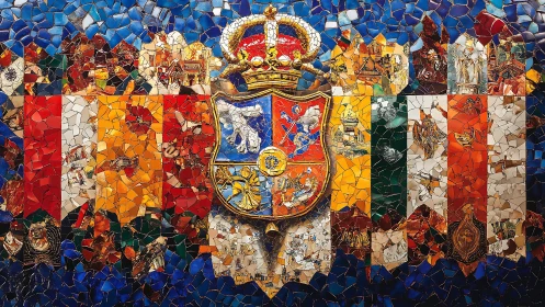 Crowned mosaic crest splinters history into radiant shards.