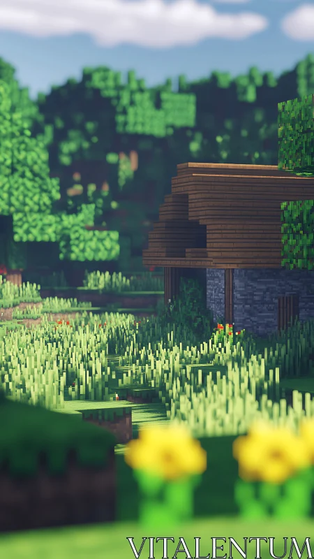 Sunlit voxel meadow embracing a quiet wooden cottage.