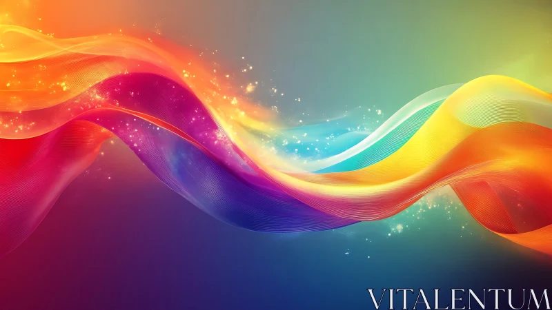 Spectral light waves form layered gradient ribbons with particle glows