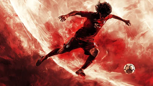 Dynamic digital painting of football striker in red motion field.