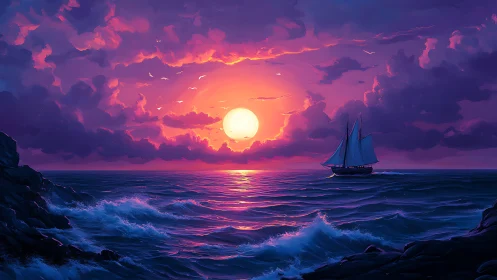 Radiant sunset bathes a lone sailboat on glowing seas.