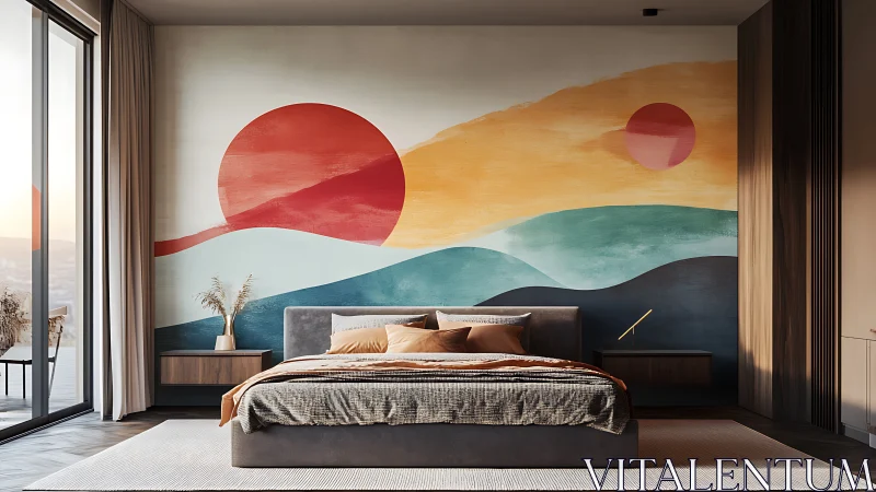 Modern bedroom with abstract sunrise landscape mural wall