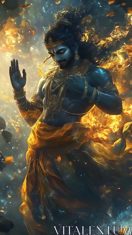 Mythic blue-skinned figure in flames and swirling cloth.