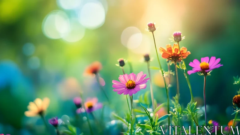 Colorful wildflowers under soft morning backlight.