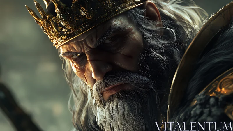 Battle-scarred king glares in dramatic, golden-lit closeup.