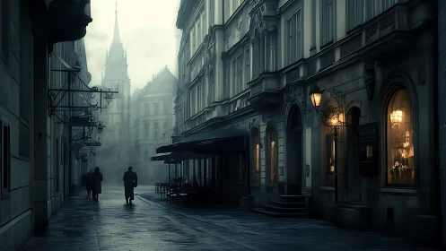 Fog-laden European street with glowing caf&eacute; interiors at dusk.