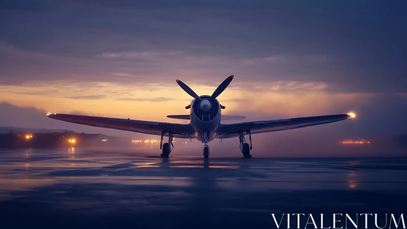 Vintage airplane resting on a misty runway at sunrise.