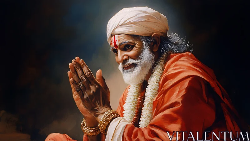 Elderly guru bows in serene prayerful gratitude and light