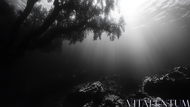 Soft sunbeams pour through underwater kelp in calm darkness