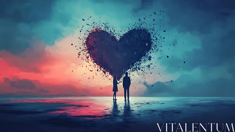 Two figures observe dispersing heart form against ocean horizon