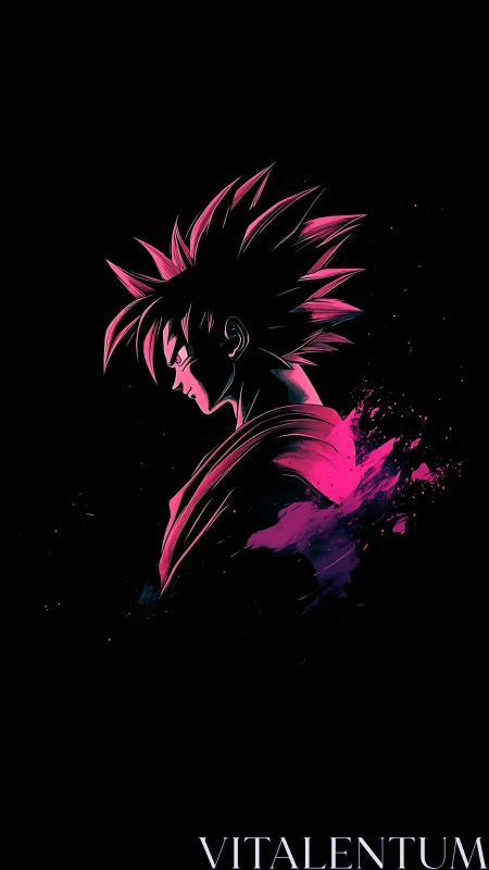 Neon-haired anime warrior emerges from inky darkness.