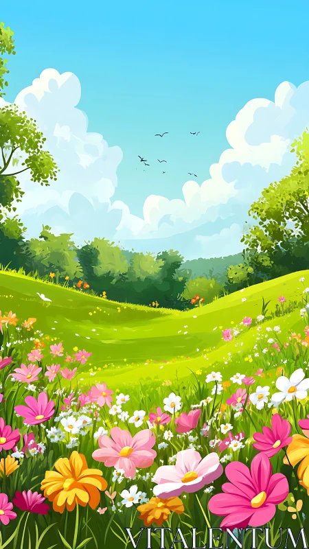 Digital painting of a lush wildflower meadow under clear sky.